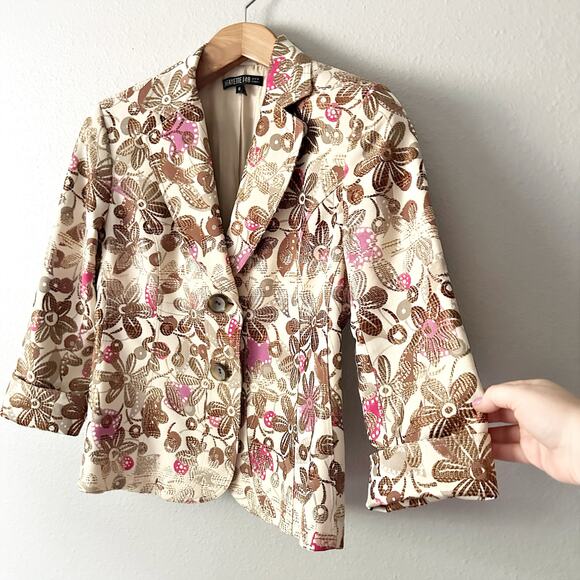 Lafayette 148 New York Tan Gold Metallic Pink Floral Short Blazer Women’s Size 6 - Picture 3 of 14